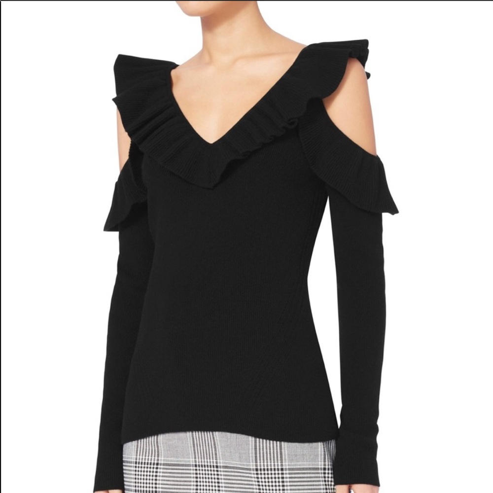 INTERMIX COLD SHOULDER RUFFLE SWEATER
